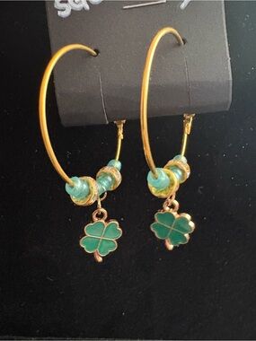 Gold-Tone Hoop Earrings with Green Clover Charms